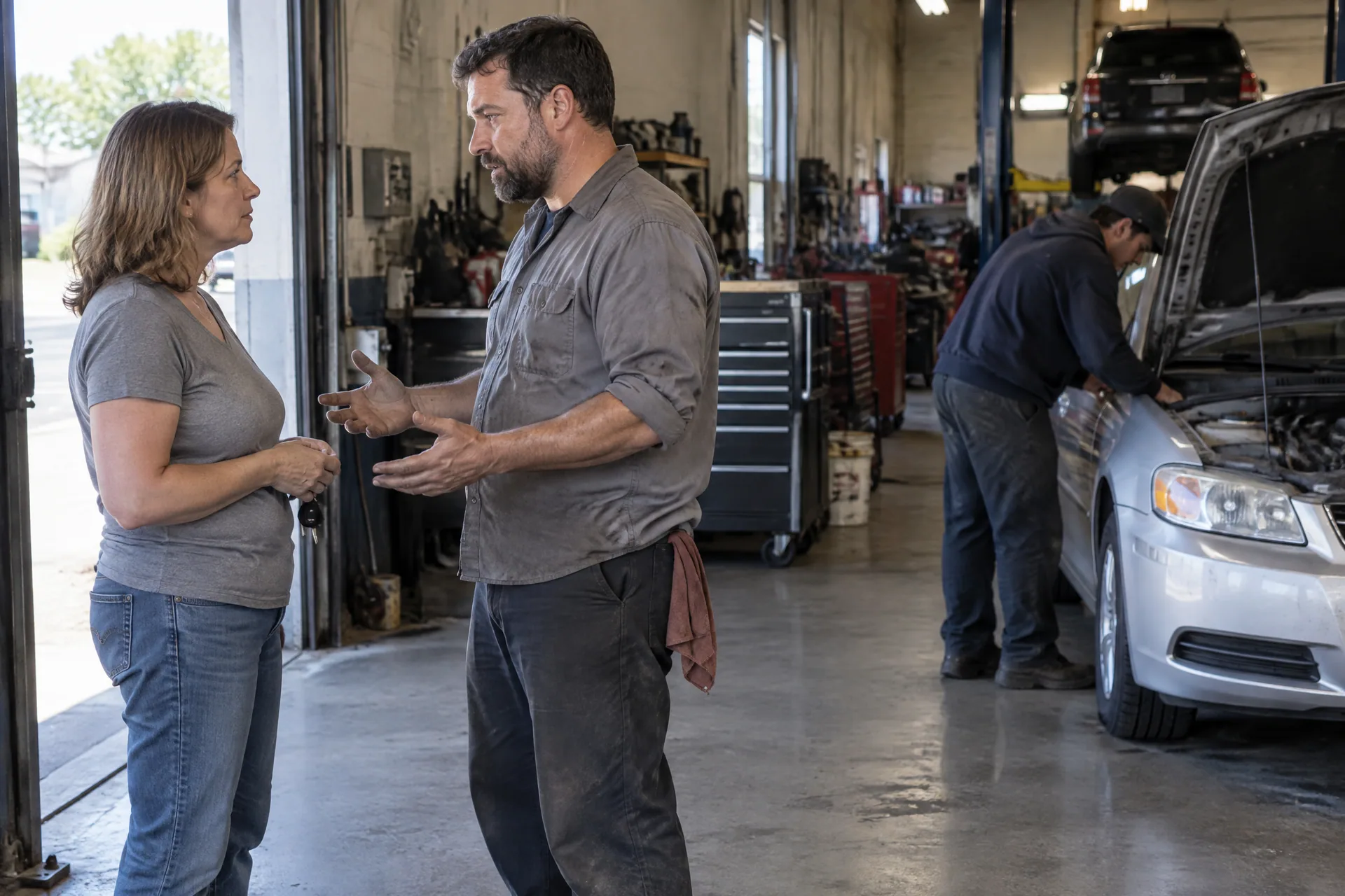 An auto shop owner explains a repair to a customer while a mechanic works on a car behind them
