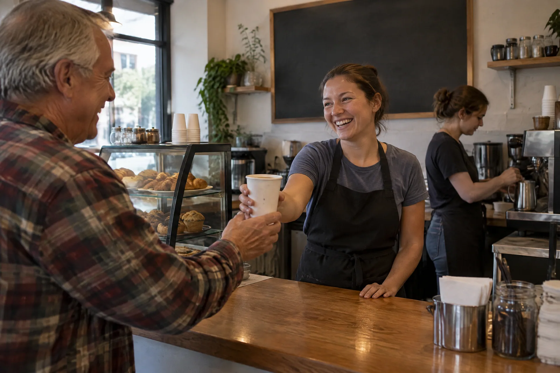 A cafe owner hands a coffee across the counter to a regular customer