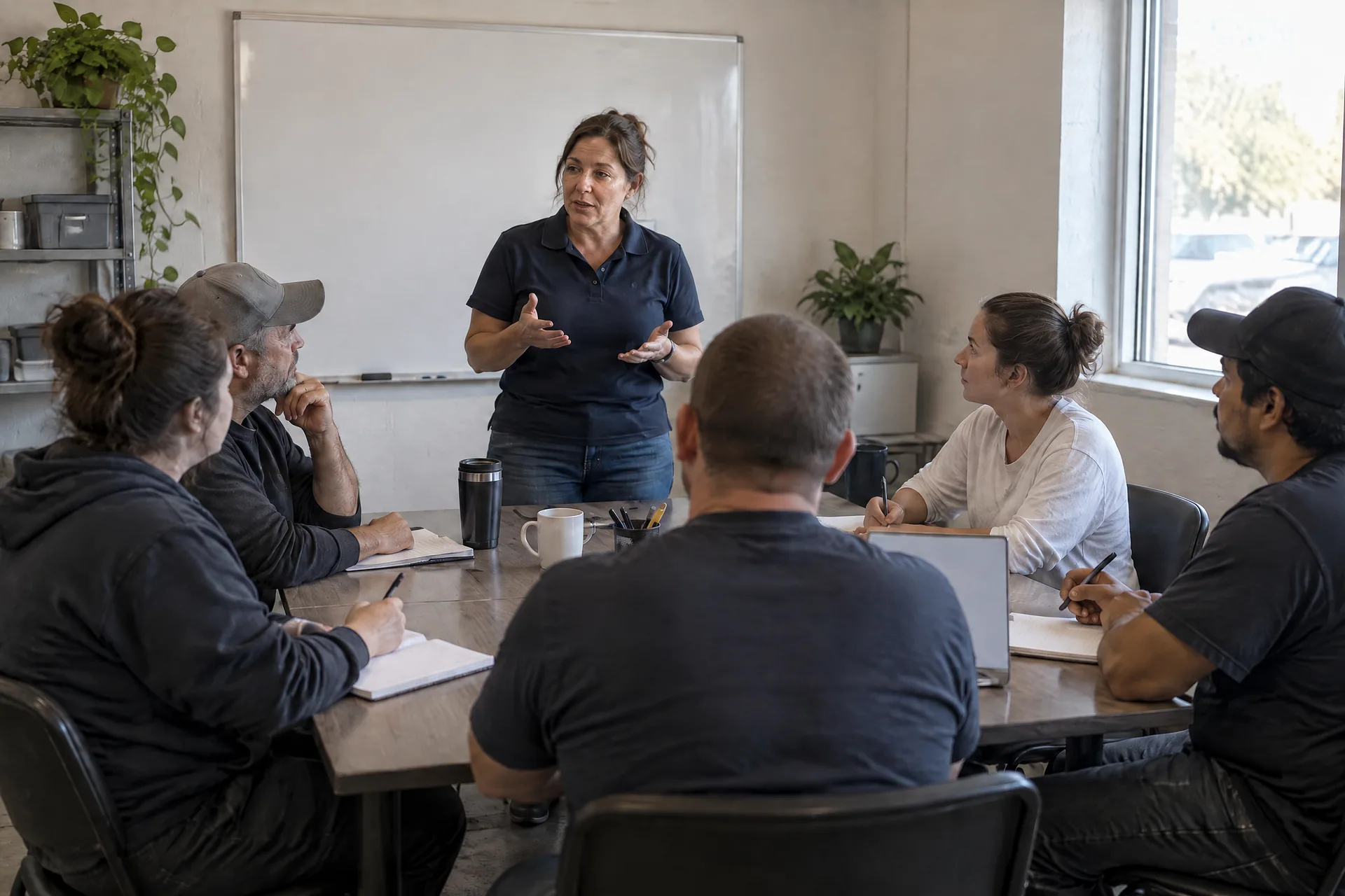 Owner of a service company standing with her crew around a break-room table during a morning huddle