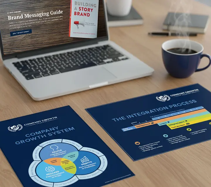 The Company Growth System and Integration Process pamphlets on a desk beside a laptop