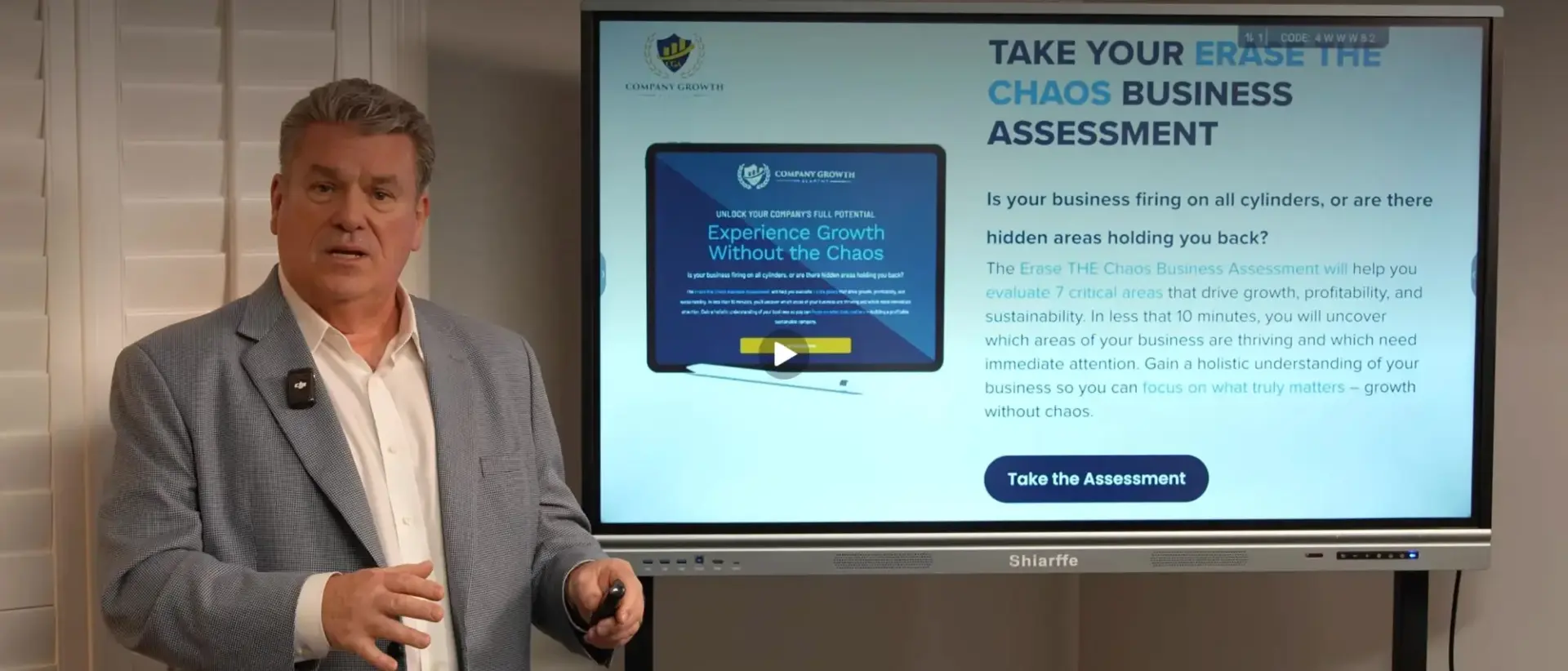 Jeff Martin, founder of Company Growth Academy, presenting the Erase the Chaos Business Assessment slide